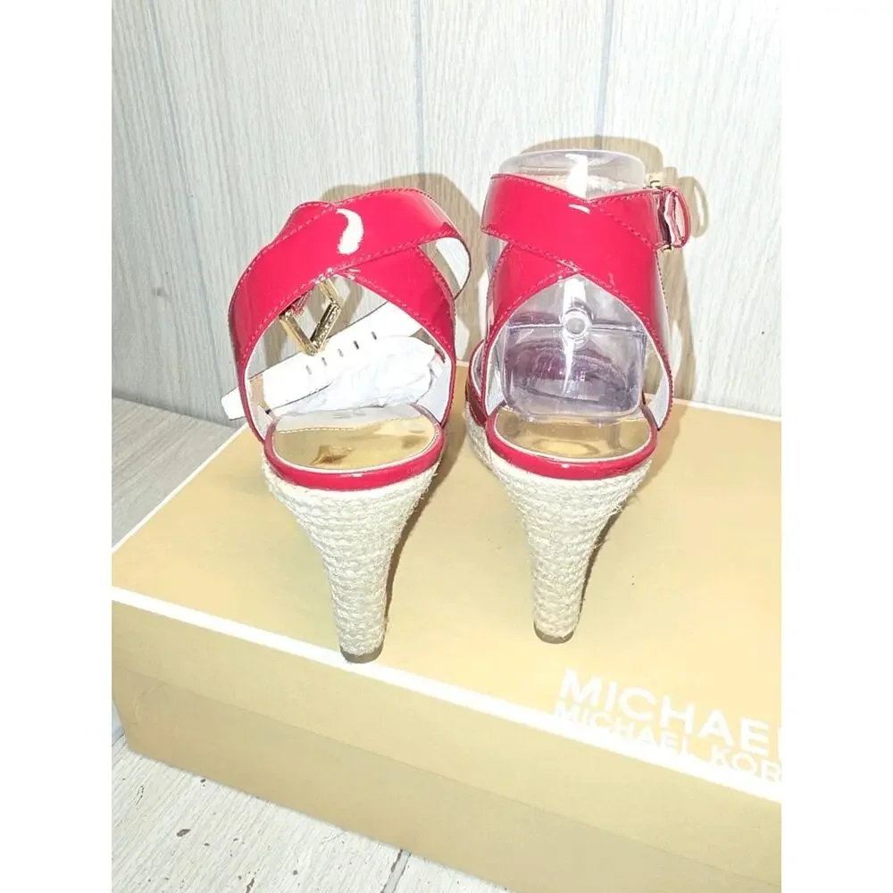 MICHAEL KORS MK Kami Patent Red Criss Cross Gold Logo Espadrille Wedge Size 8M